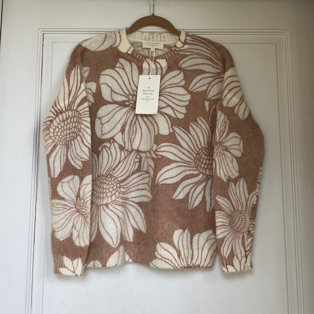 Sezane Brown and Cream Floral Sweater